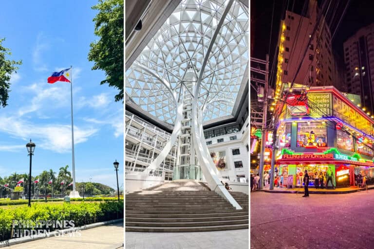 A photoset of a park with a Philippine flag, a unique designed elevator inside a museum, and the outside of a colorful restaurant-bar.