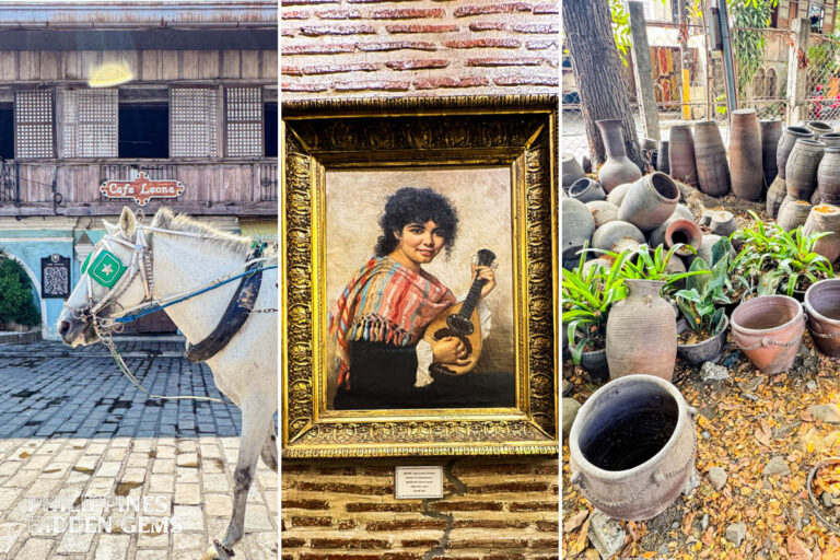 A photoset of attractions in Vigan: horse on an old Spanish colonial street, a painting of a girl in a hotel museum, and pottery pieces at a pottery workshop.