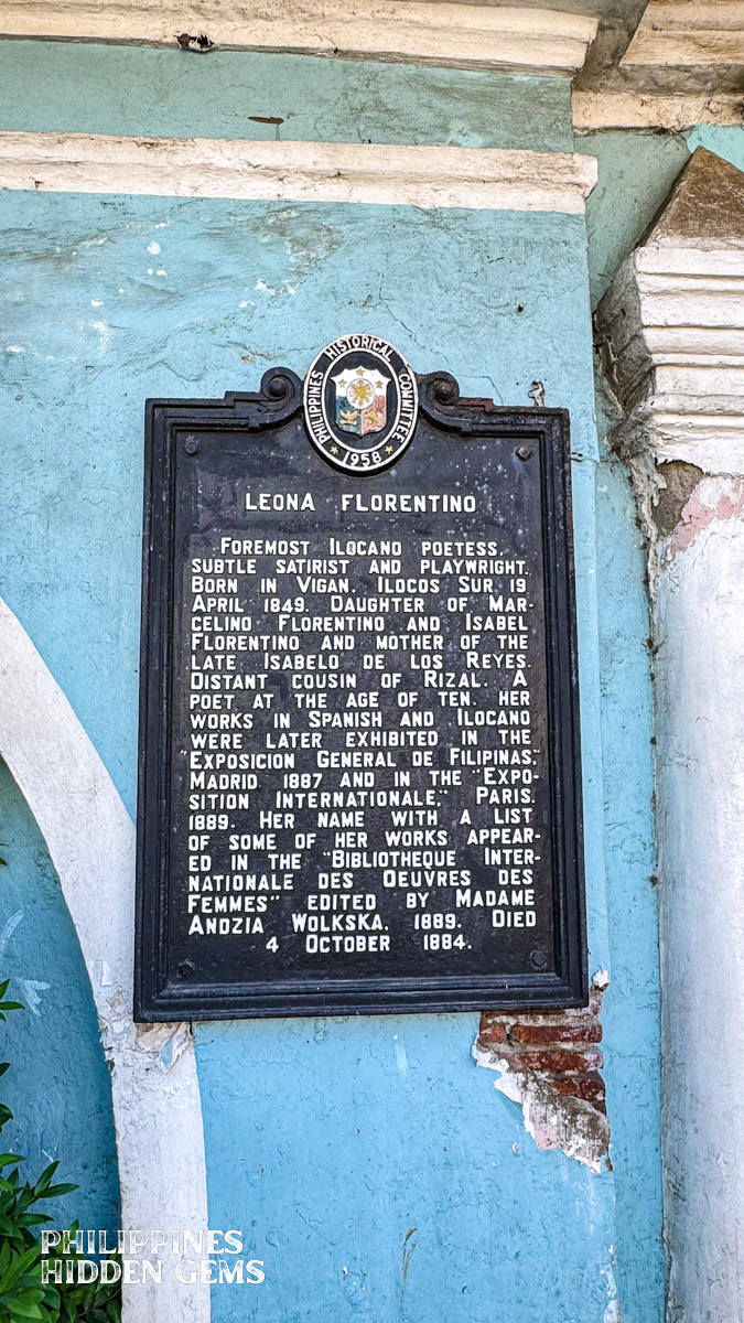 Historical marker about Leona Florentino attached on a wall.