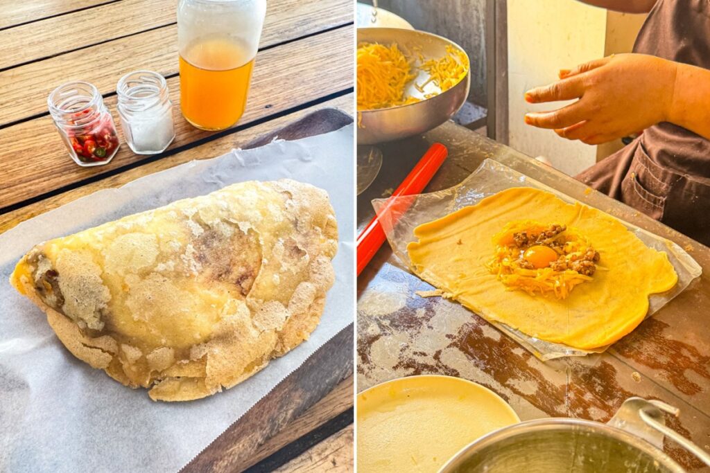 A photoset of empanada in Vigan, a cooked one and one being prepared.