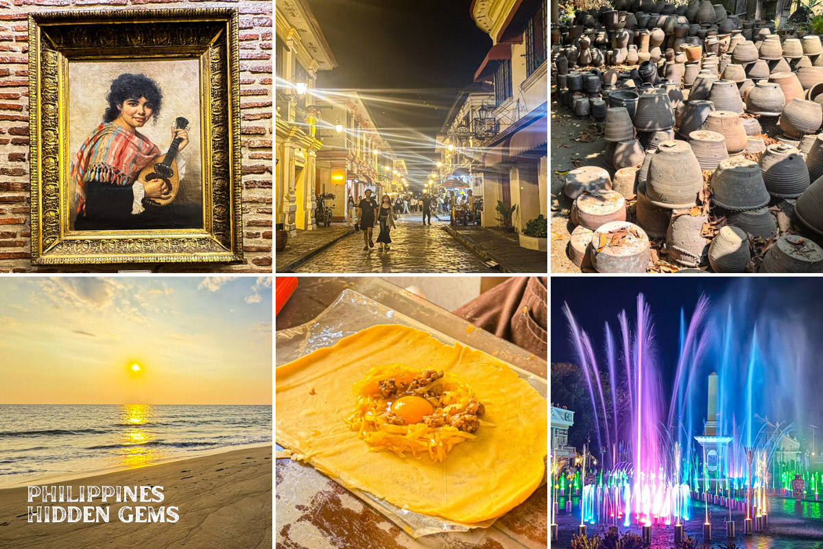 Photoset of Vigan itinerary things to do and see like paintings, Vigan empanada, burnay jars, beach, Calle Crisologo at night, and fountain and light show.